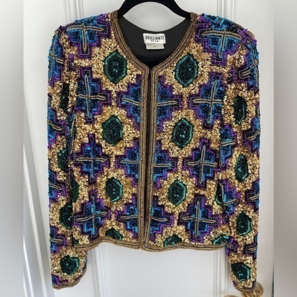 ✨Gorgeous Brilliante by J.A. Vintage Black Sequin Silk Jacket Blazer - Sz M